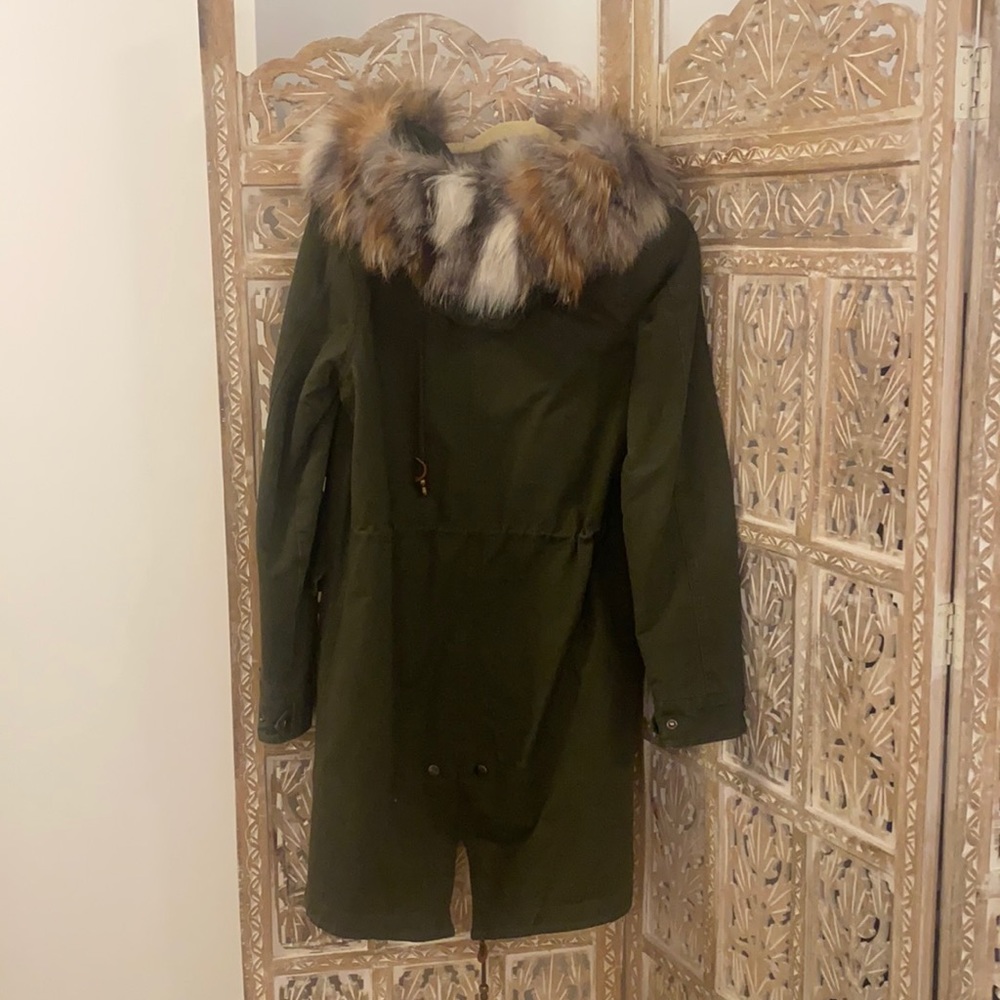 Adrienne Landau green jacket with faux fur, size 8.